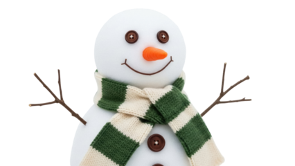 Festive snowman with carrot nose and striped scarf isolated PNG, winter holiday decoration for Christmas and New Year designs