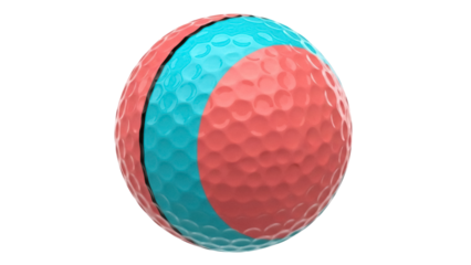 Two-tone golf ball PNG isolated on transparent background, pink and blue dimpled sphere for sports equipment and recreational activity