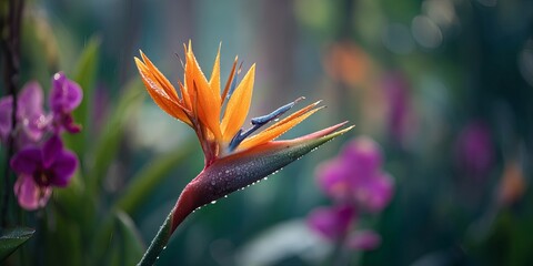 Obraz premium Bird of Paradise Flower with Water Droplets and Purple Orchids