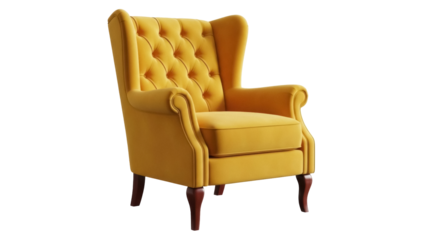 Elegant mustard yellow wingback armchair isolated PNG, vintage style furniture for living room or bedroom on transparent background