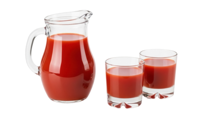 Tomato juice in glass pitcher and two glasses isolated PNG, refreshing healthy drink on transparent background, natural beverage
