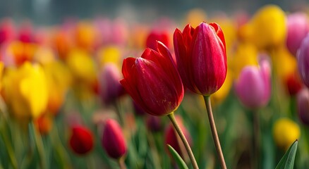 Close up of vibrant red tulips in a field of colorful flowers