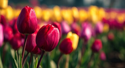 Field of vibrant red and yellow tulips in bloom flowers