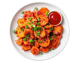 Roasted carrot slices with sauce, scallions and sesame seeds, on white plate