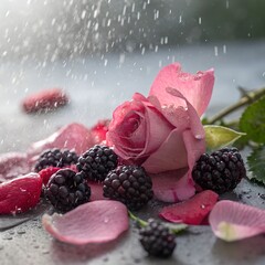 Rose petals and blackberries in rainy mist, macro realism, beautiful background