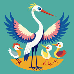 Obraz premium Stork and colorful bird family illustration Vector