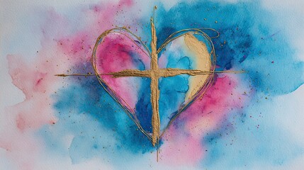 A vibrant watercolor painting of a heart intertwined with a cross, surrounded by splashes of pink and blue hues.