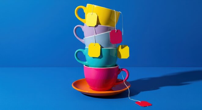Vertical stack of five colorful teacups with blank tea bag tags against a vibrant blue background