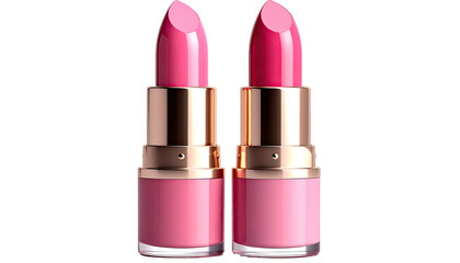 Two pink lipsticks stand against a black background, close-up