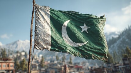 National Flag of Pakistan Waving Against Partly Cloudy Sky