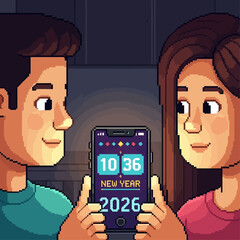 Couple holding a smartphone displaying '10 36 NEW YEAR 2026' in pixel art style, capturing a moment of celebration and anticipation for the upcoming year