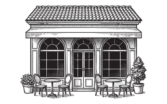 Vintage Shop Storefront Cafe Facade Engraving Style Illustration
