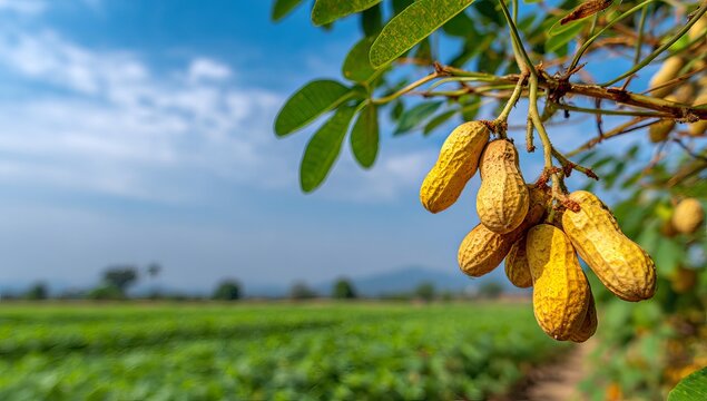 Unripe peanuts growing on a branch in a field groundnuts