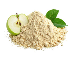 Pile of beige powder beside half green apple & leaves