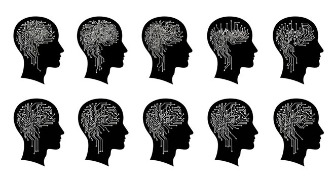 Conceptual human heads showcase intricate digital brain circuits symbolizing innovation, intelligence, and advanced technology in a modern design.