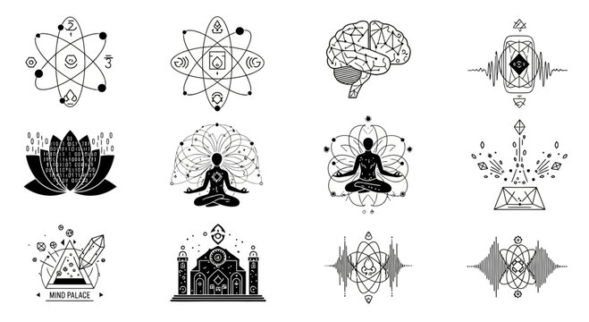 Unleash profound mental clarity and spiritual growth with these modern, abstract icons representing meditation, knowledge, and cosmic connection.