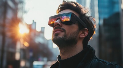 Young man wearing futuristic augmented reality glasses while looking up at the bright city sunlight