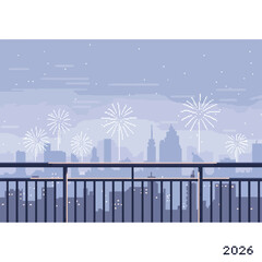 Pixelated cityscape with fireworks illuminating the night sky above a railing, evoking a sense of celebration and urban wonder