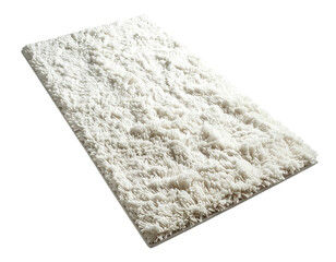 Shaggy, rectangular, white rug with soft, textured fibers