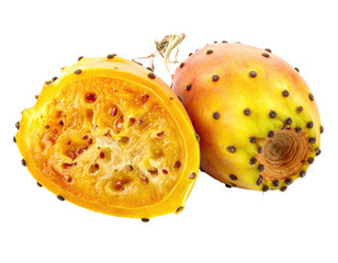 A sliced, bright yellow-orange fruit with dark spots, on a black background