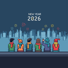 Pixel art celebration of New Year 2026 with a group of friends enjoying fireworks over a city skyline