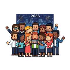 Pixelated Group of Diverse People Celebrating 2026 with Fireworks and Cityscape Background