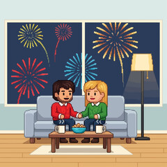 A cozy evening at home for a happy couple, holding hands on the couch and enjoying a spectacular fireworks display through their window, celebrating a special occasion or holiday with snacks