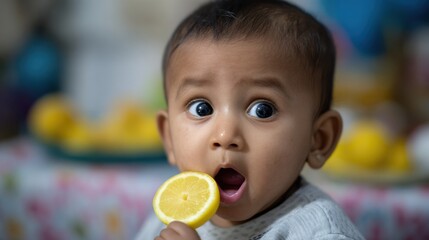 Surprised Indian Baby Tasting Lemon for First Time