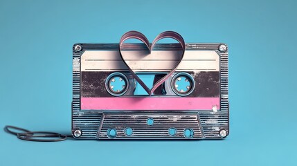 A vintage cassette tape with a heart-shaped design on top, set against a bright blue background, symbolizing nostalgia and love for music.