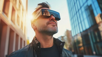 Mature man wearing augmented reality glasses looks up at modern city buildings under bright sunshine
