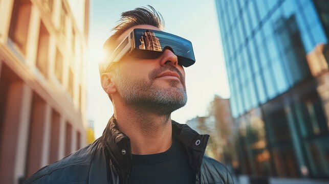Mature man wearing augmented reality glasses looks up at modern city buildings under bright sunshine - Powered by Adobe