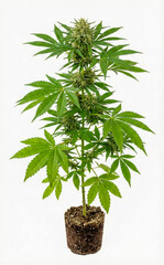Young cannabis plant with developing buds and green leaves, isolated on white background