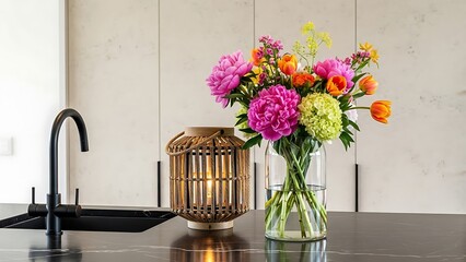 Vibrant floral bouquet with pink peonies and hydrangeas next to a glowing wooden lantern on a black marble island