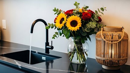 Vibrant floral bouquet with pink peonies and hydrangeas next to a glowing wooden lantern on a black marble island
