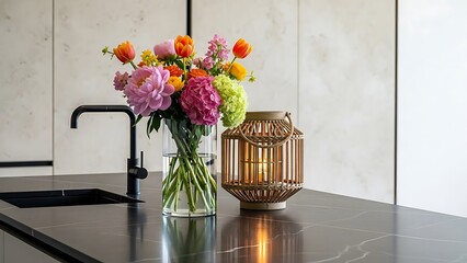 Vibrant floral bouquet with pink peonies and hydrangeas next to a glowing wooden lantern on a black marble island
