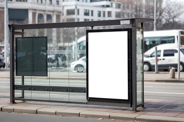 Blank billboard mockup at city bus stop shelter for advertising