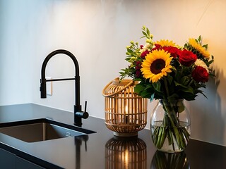Vibrant floral bouquet with pink peonies and hydrangeas next to a glowing wooden lantern on a black marble island