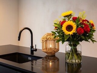 Vibrant floral bouquet with pink peonies and hydrangeas next to a glowing wooden lantern on a black marble island