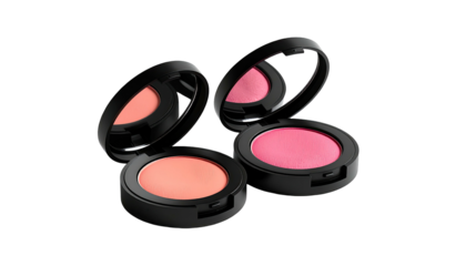Two blush compacts, open to show blush and reflection. One pink, one peach