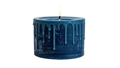Close up of lit, blue candle with wax drips, on black