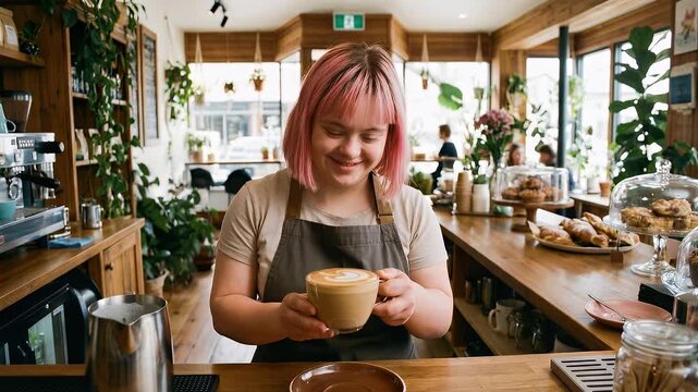 Smiling young barista with down syndrome pouring milk into coffee, creating latte art in modern cozy coffee shop, static camera