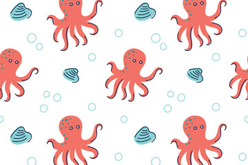 Flat cartoon vector illustration of funny octopus pattern with shells and bubbles, bright kids doodle style, playful underwater theme, cheerful mood, seamless design for children prints, nursery decor © Elena
