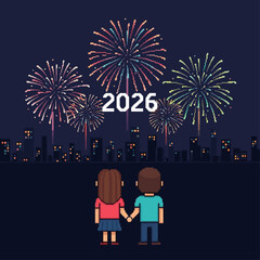 Pixelated couple holding hands watching fireworks in celebration of 2026