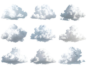 Nine fluffy, puffy cumulus clouds against a transparent background
