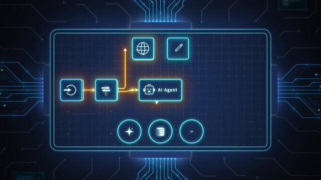 AI agent automation workflow interface with connected nodes on futuristic digital dashboard technology