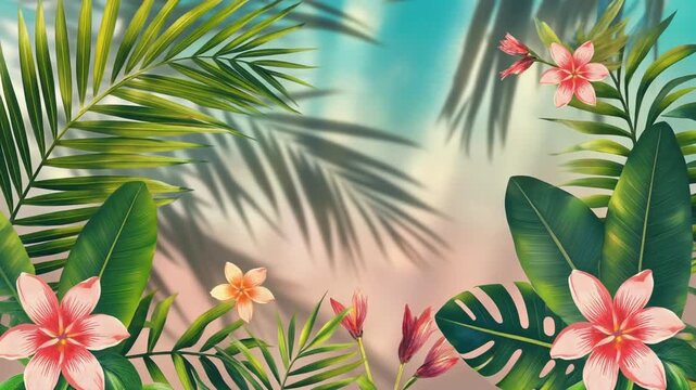 tropical flowers and palm trees