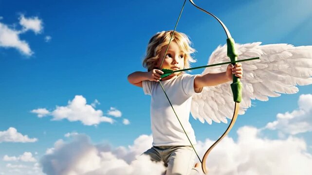 A winged child dressed as cupid flying on clouds with a bow and arrow on a blue sky background with white clouds
