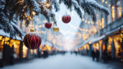 Christmas decorations on the street. The Christmas tree is adorned with beautiful holiday ornaments, mainly in traditional red and gold colors, and 2026 New Year's cards.