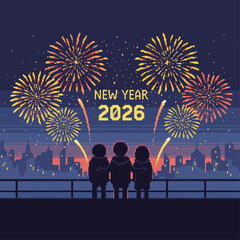 Spectacular Pixel Art New Year's Eve Celebration Over a Vibrant Cityscape with Dazzling Fireworks Illuminating the Night Sky for a Joyful 2026 Festivity, Viewed by a Small Group