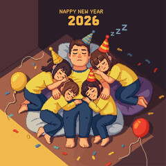 Tired Father Surrounded by Sleeping Children After a Festive New Year's Eve Celebration in 2026, a Humorous Illustration of Parental Exhaustion and Joy